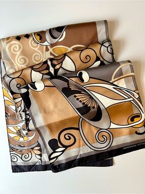 Adrienne Vittadini 100% Silk Rectangle Scarf Brown Gray Art Deco Print 52" READ